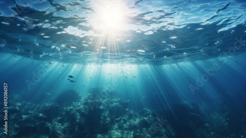 Blue ocean surface seen from underwater, sunlight filtering through