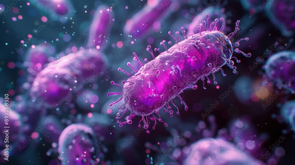3d render of violet bacteria in dark purple background. 3d render of violet bacteria in dark purple background.