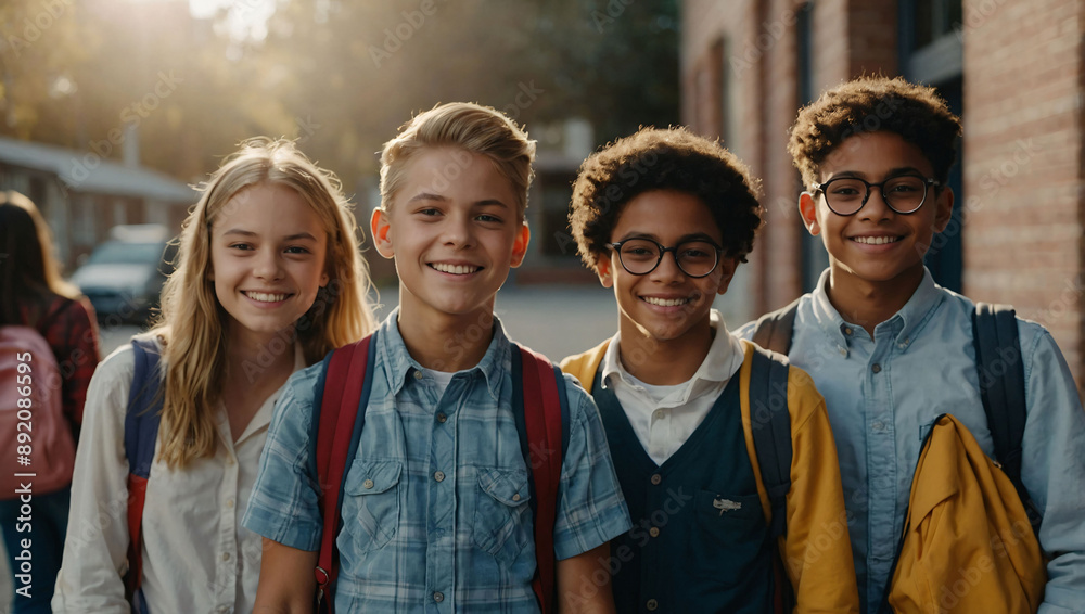 a cheerful group of students on their first day back to school a cheerful group of students on their first day back to school