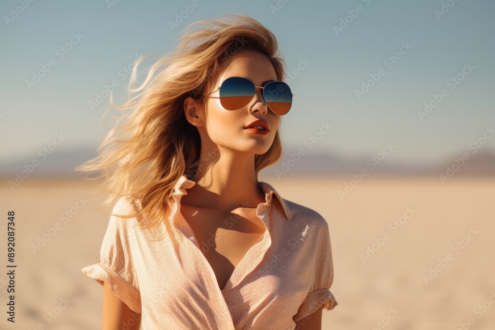 Chic woman in sunglasses posing under the desert sunlight Isolated on white background Chic woman in sunglasses posing under the desert sunlight Isolated on white background