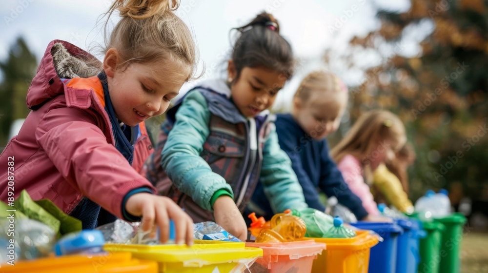 Children putting recyclables into bins during an outdoor activity, background is clear and clean Children putting recyclables into bins during an outdoor activity, background is clear and clean