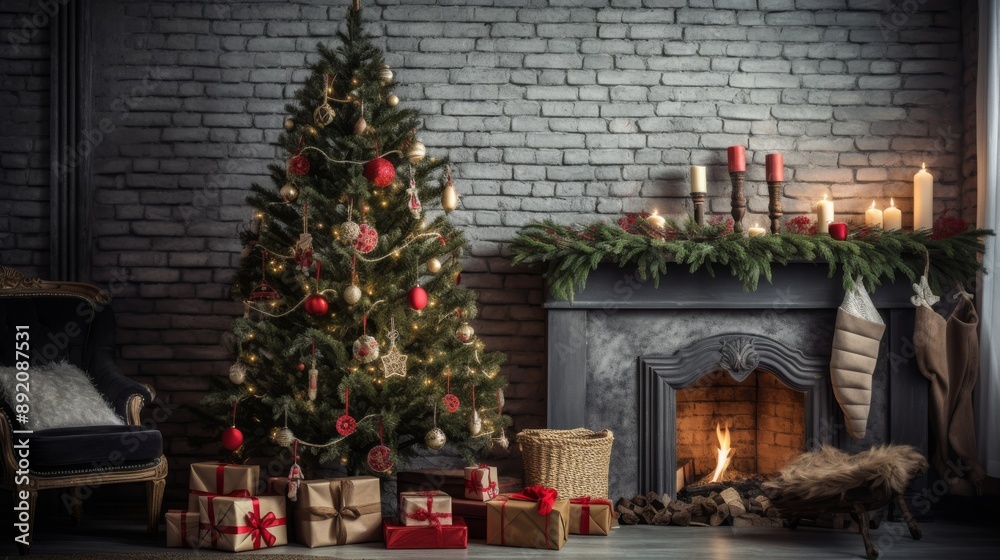 Christmas tree with handmade ornaments and stockings hanging nearby in cozy corner Christmas tree with handmade ornaments and stockings hanging nearby in cozy corner