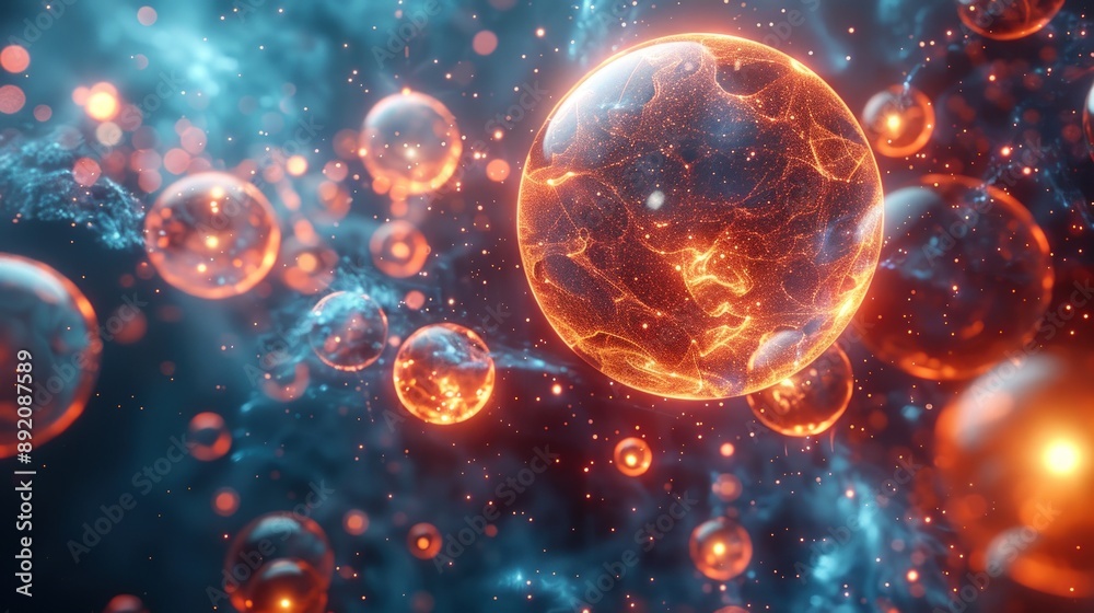 A detailed close-up of glowing cells in scene representing the universe. A detailed close-up of glowing cells in scene representing the universe.