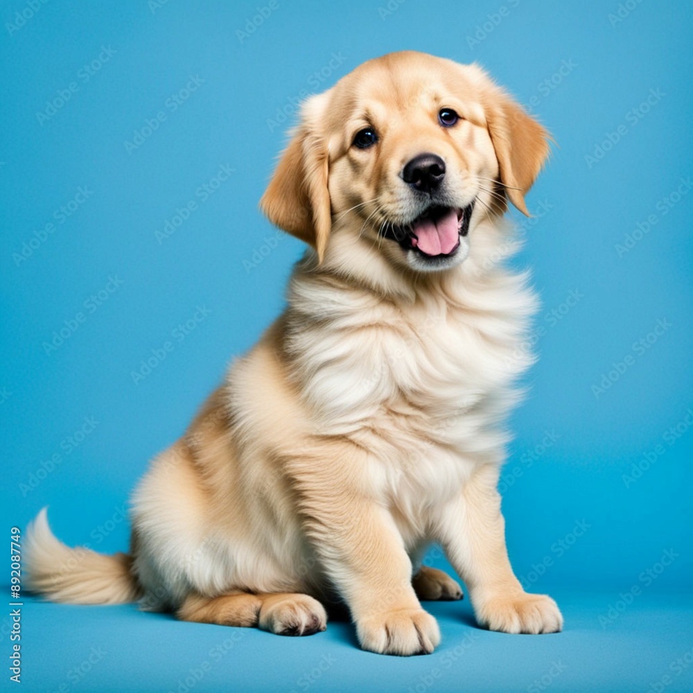 cute golden retriever dog smiling on blue background cute golden retriever dog smiling on blue background