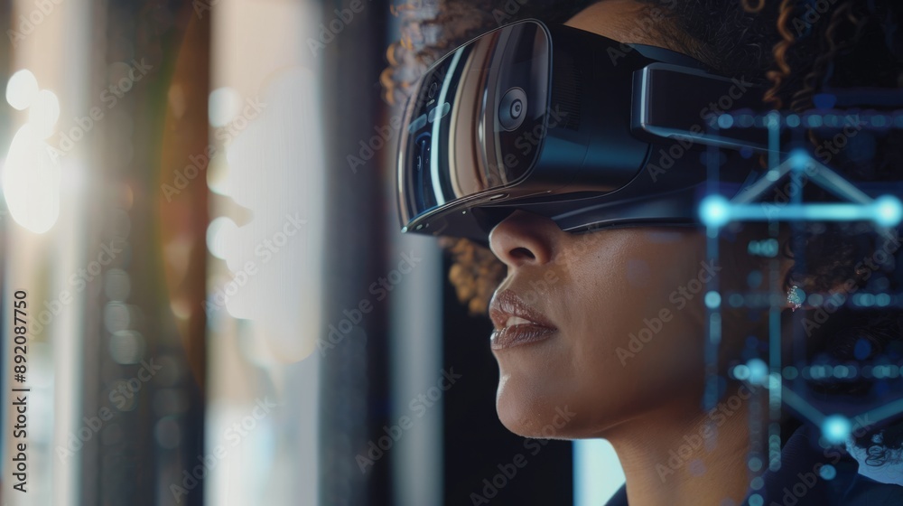 Close-up of a professional wearing a smart headset showing virtual elements in front of them Close-up of a professional wearing a smart headset showing virtual elements in front of them