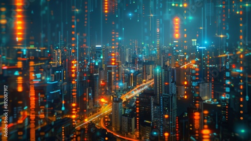 A futuristic cityscape at night  enhanced with a digital data overlay featuring glowing lights and binary code  symbolizing technology and urban development.