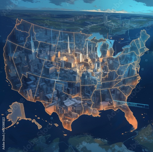 Data Fortress: A Secure Network of Data Protection Measures Emblematic of Key Locations Across the United States Map. photo