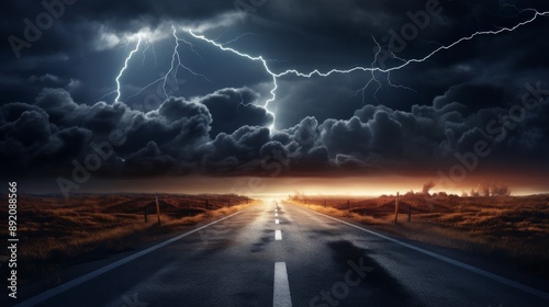 Dark stormy road with lightning striking the horizon