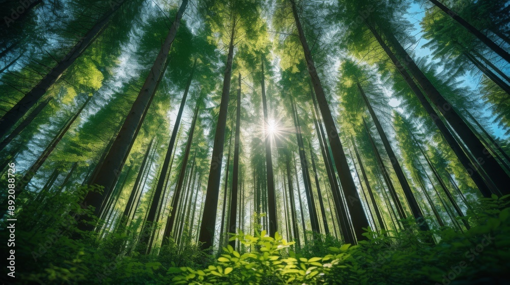 Dense forest with tall green trees, seen from a low angle, with bright sunlight Dense forest with tall green trees, seen from a low angle, with bright sunlight