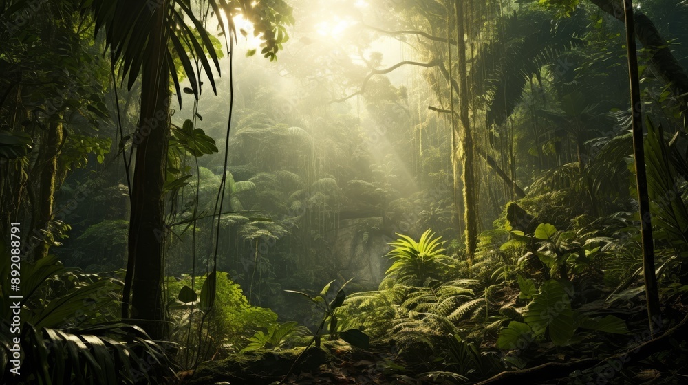 Fototapeta premium Dense tropical rainforest with sunlight filtering through the canopy