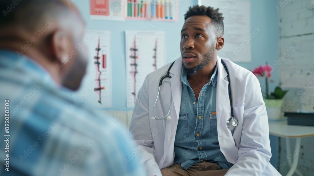 Doctor explaining HIV diagnosis to a patient in a clinical setting with informational charts in the background Doctor explaining HIV diagnosis to a patient in a clinical setting with informational charts in the background