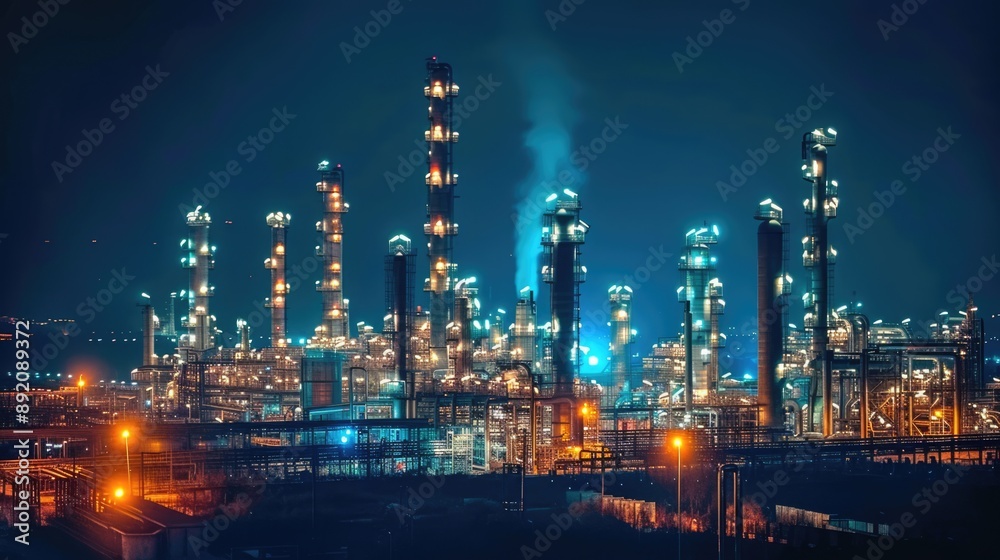 Oil refinery plant at night. Petroleum crude oil industry factory at sunset. Industrial scenery of gas energy production Oil refinery plant at night. Petroleum crude oil industry factory at sunset. Industrial scenery of gas energy production
