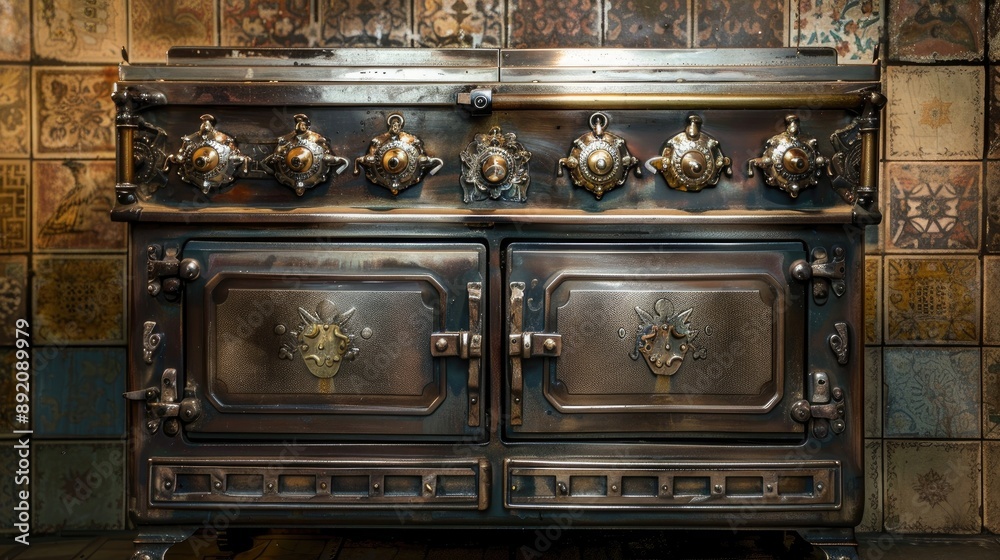 Restoring antique stove with metal doors on tile background Heating and cooking appliance idea Restoring antique stove with metal doors on tile background Heating and cooking appliance idea