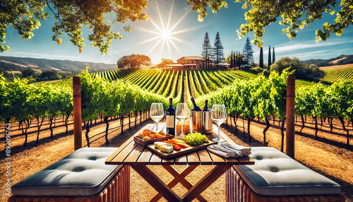 Sunny vineyard picnic setup with wine, cheese, and a beautiful landscape. photo