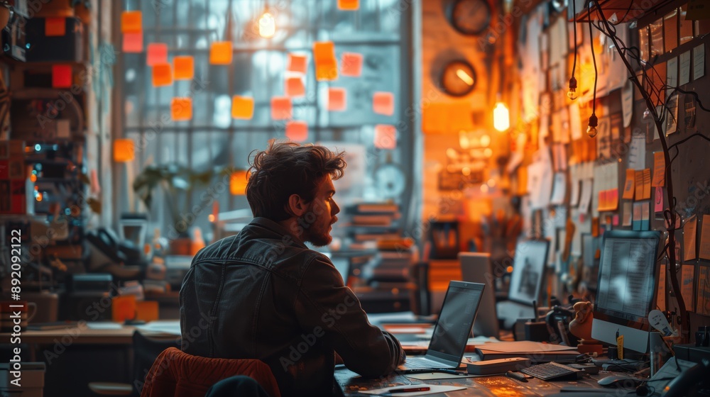 Creative Work Environment with Sticky Notes. Man works on a laptop in a creative workspace filled with sticky notes and vibrant lighting, highlighting a productive and focused environment. Creative Work Environment with Sticky Notes. Man works on a laptop in a creative workspace filled with sticky notes and vibrant lighting, highlighting a productive and focused environment.