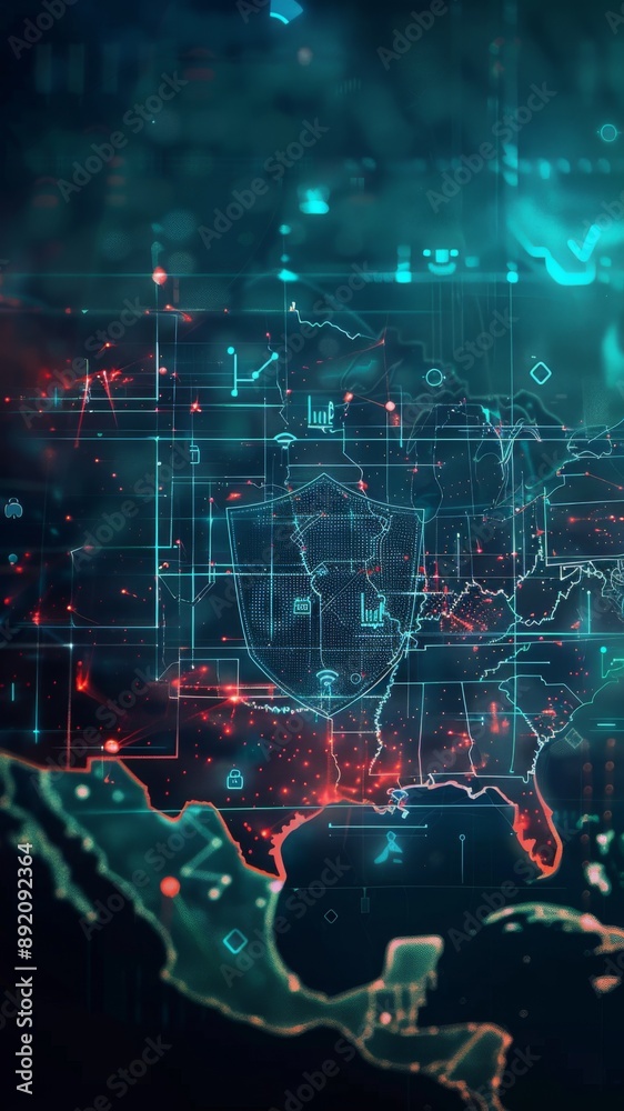 Fototapeta premium Digital Fortress: The United States Cybersecurity Network, A Shielded Map of America with Secure Communication Channels for a Safe and Protected Digital Environment.