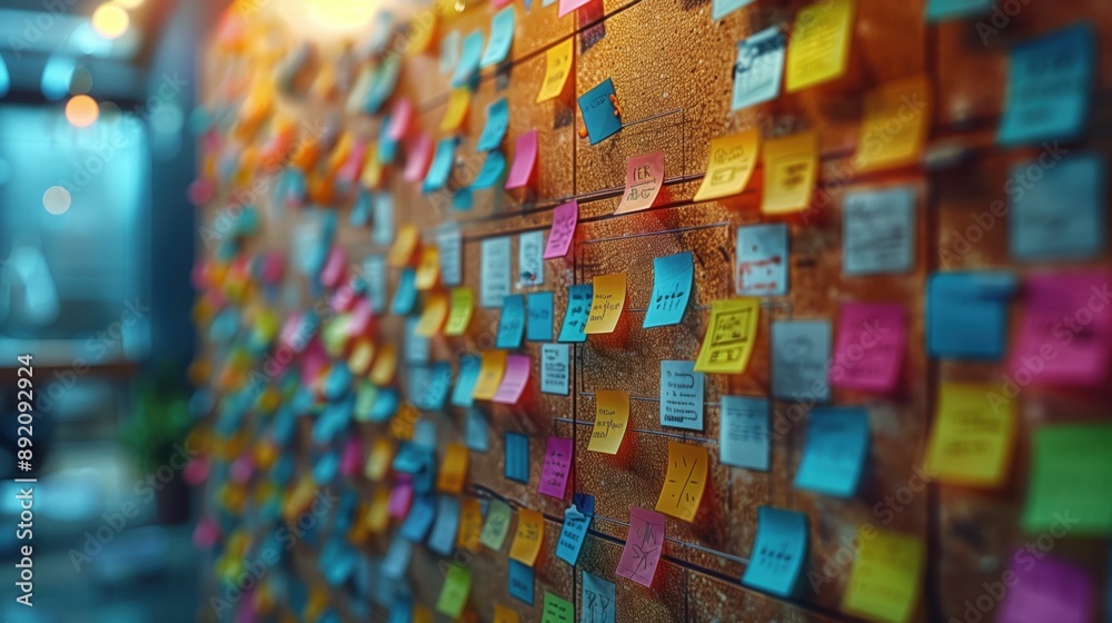 Office Board Filled with Sticky Notes. Office board filled with sticky notes in various colors, representing a brainstorming and planning session in a business environment.