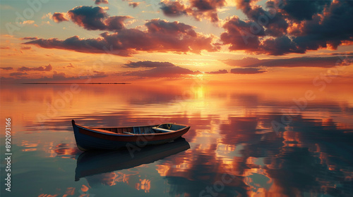 Fishing boat on the lake at sunset. Beautiful summer landscape.