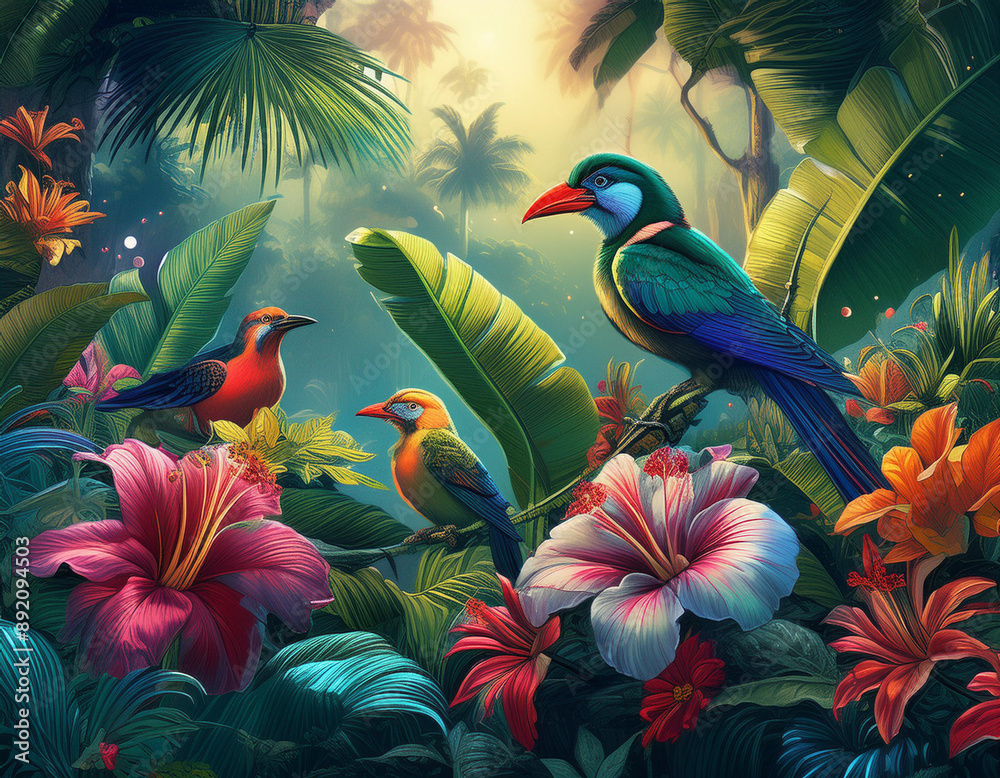 Tropical Garden Illustration with Banana Leaves, Hibiscus Flowers, and Colorful Birds Tropical Garden Illustration with Banana Leaves, Hibiscus Flowers, and Colorful Birds