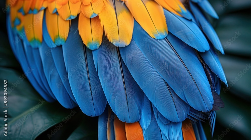 Obraz premium Vibrant Blue and Yellow Feather Texture Background with Close-Up Shot of Colorful Bird Feathers