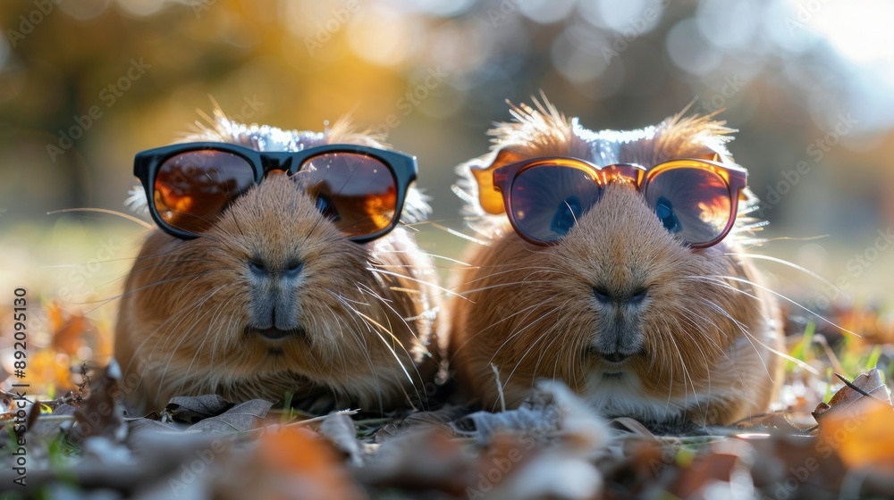 Sunny Piggies: Two Playful Guinea Pigs Wearing Sunglasses Sunny Piggies: Two Playful Guinea Pigs Wearing Sunglasses