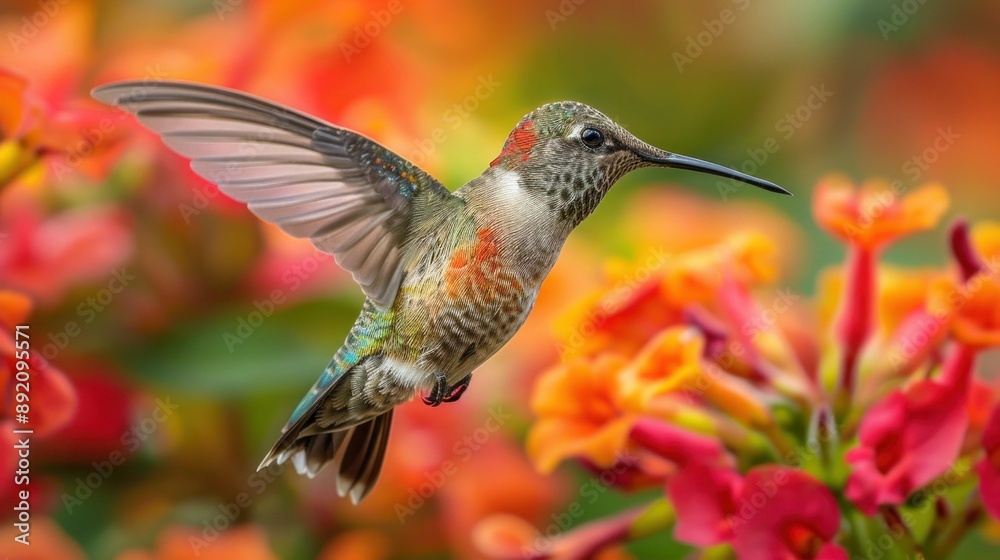 Fototapeta premium Graceful Hummingbird Savoring Sweet Nectar from a Blossoming Flower
