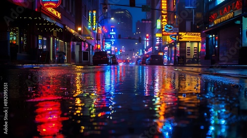 Neon signs casting colorful reflections on a rain-soaked urban street.