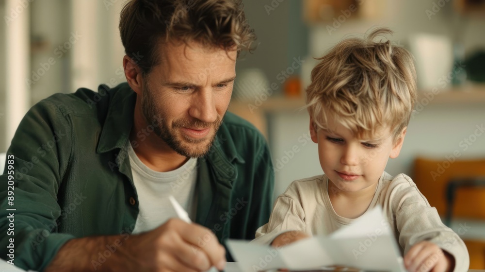 A father and his young son are engaged in a learning session at home. A father and his young son are engaged in a learning session at home.