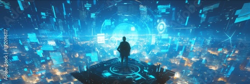Digital Transformation of an American City, Traditional Urban Landscape Evolving with IoT Symbols and Data Visualization in a Dynamic Digital Render. photo
