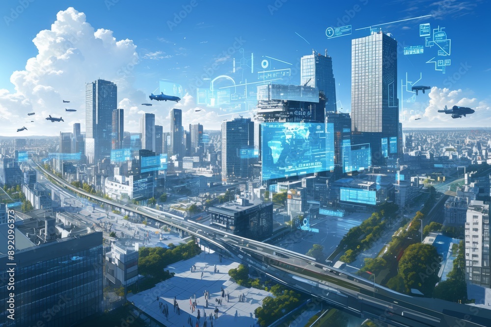 Fototapeta premium Digital Transformation of an American City, Traditional Urban Landscape Evolving with IoT Symbols and Data Visualization in a Dynamic Digital Render.