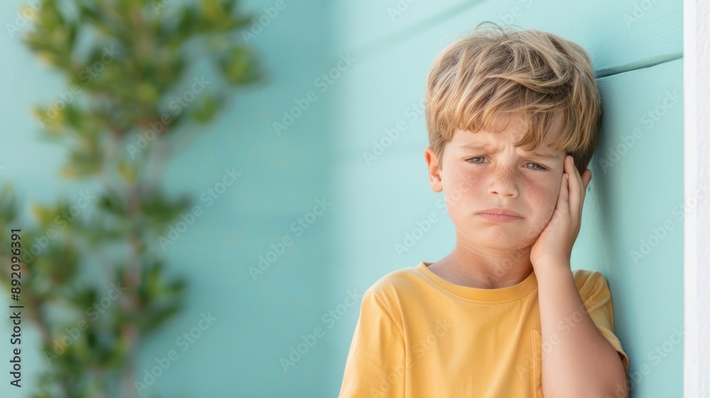 A child with a pained expression, holding his jaw, indicating tooth pain.