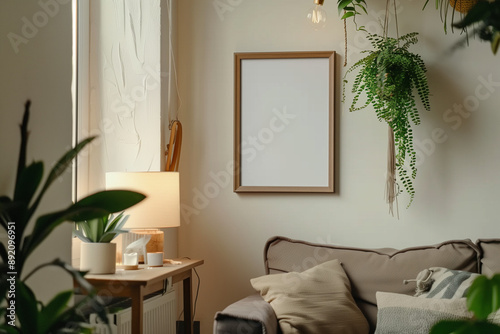 Poster print wall art mockup, wooden frame, cozy living room interior with furniture
