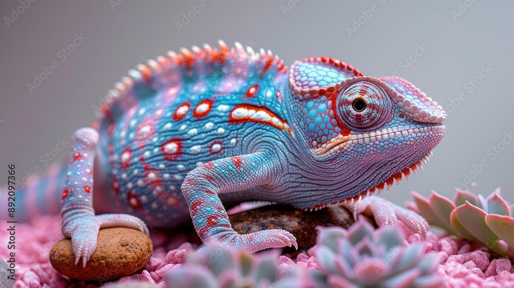 Fototapeta premium Colorful Chameleon on Stones with Succulents, Isolated on Pink - Side View