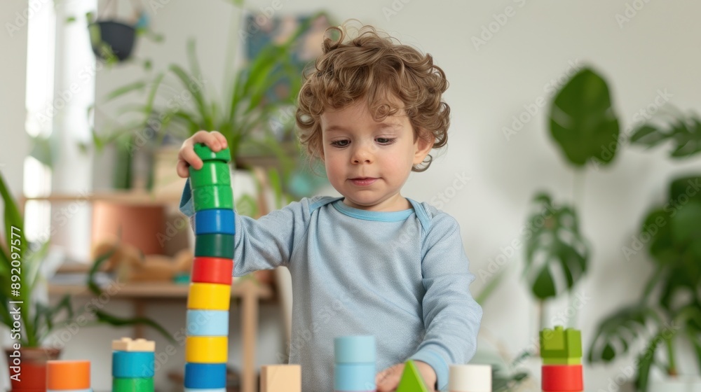 Cute young children playing wooden blocks to enhance development. Cute young children playing wooden blocks to enhance development.