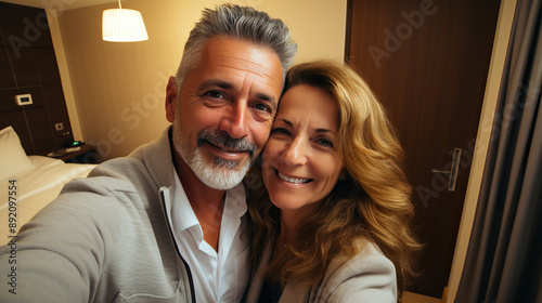 generated illustration of mature couple at hotel wordrobe taking selfie. photo