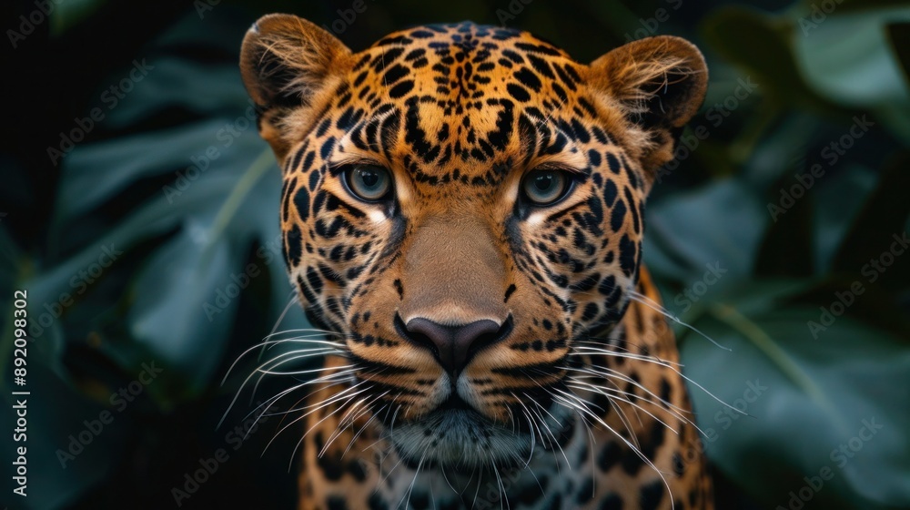 Jungle King: Majestic Leopard Portrait in Lush Greenery Jungle King: Majestic Leopard Portrait in Lush Greenery