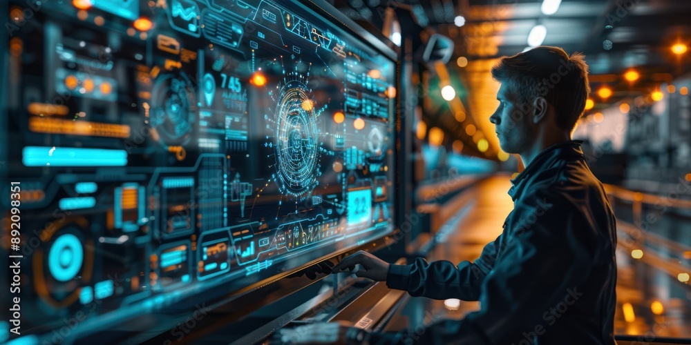 Futuristic Logistics Manager Monitoring Transportation Operations with 3D Holographic Interface, Generative Ai Futuristic Logistics Manager Monitoring Transportation Operations with 3D Holographic Interface, Generative Ai