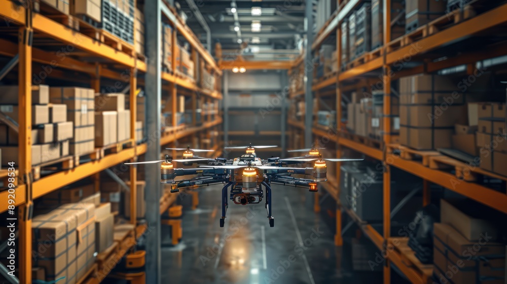 Futuristic AI-Controlled Warehouse with Inventory Checking Drones, 3D Render for Innovative Logistics Solutions, Generative Ai Futuristic AI-Controlled Warehouse with Inventory Checking Drones, 3D Render for Innovative Logistics Solutions, Generative Ai