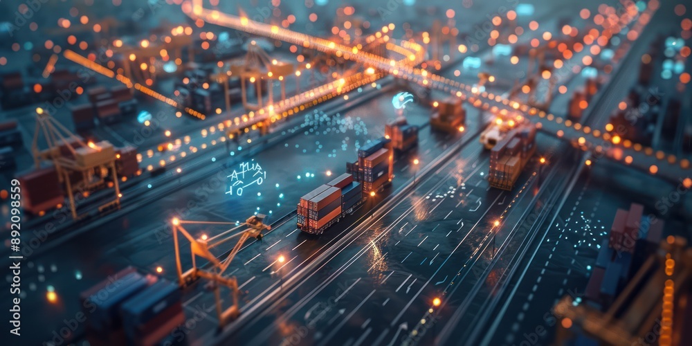 Futuristic Global Logistics Network Visualization with Interconnected Nodes in 3D Render, Generative Ai Futuristic Global Logistics Network Visualization with Interconnected Nodes in 3D Render, Generative Ai