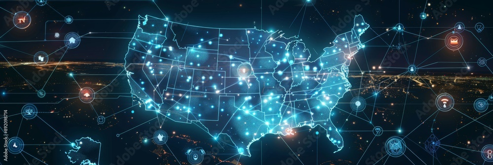 Naklejka premium Encrypted USA: A Data-Centric Map of the United States Highlighting Secure Digital Boundaries and Key Communication Routes with Cryptographic Data Symbols