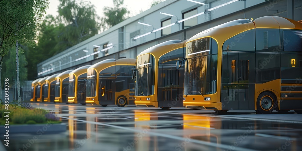 Obraz premium Futuristic Solar-Powered Logistics Hub with Autonomous Vehicles - Eco-Friendly Transportation 3D Render Concept, Generative Ai