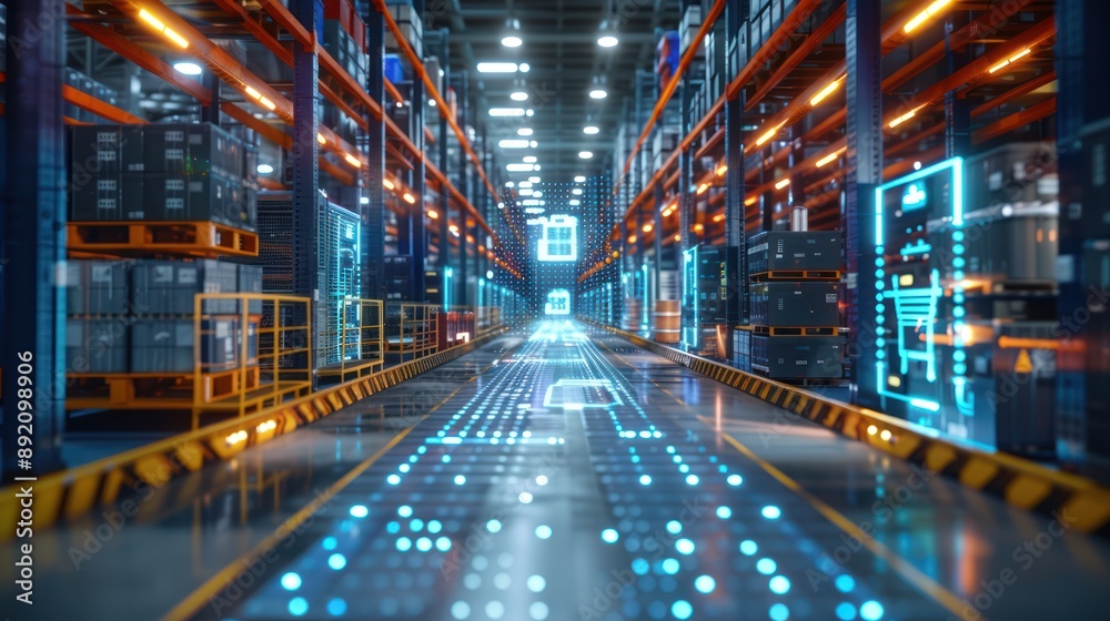 Futuristic Logistics Center with AI-Powered Inventory Systems Enhancing Warehouse Efficiency - 3D Render, Generative Ai Futuristic Logistics Center with AI-Powered Inventory Systems Enhancing Warehouse Efficiency - 3D Render, Generative Ai