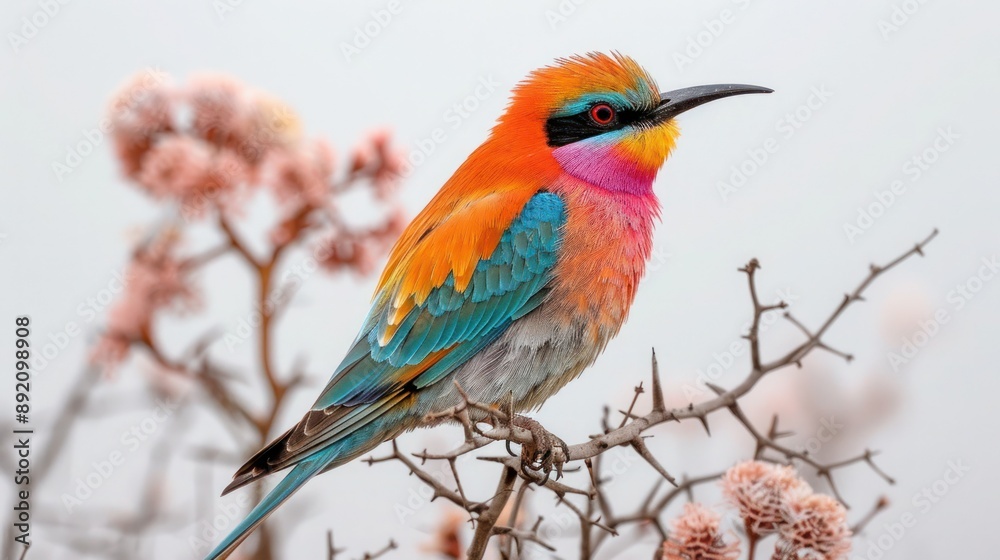 Fototapeta premium Bright Multicolored Southern Carmine Bee Eater Perched on Dry Tree Branch in Botswana's Savuti Area