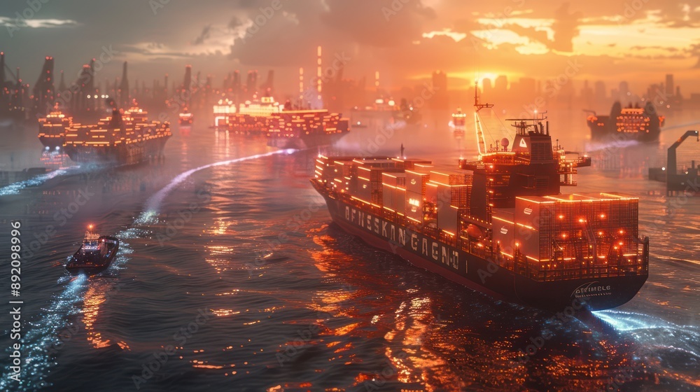 Futuristic Autonomous Cargo Ships in Busy Harbor - 3D Render Illustrating Future of Maritime Logistics, Generative Ai Futuristic Autonomous Cargo Ships in Busy Harbor - 3D Render Illustrating Future of Maritime Logistics, Generative Ai