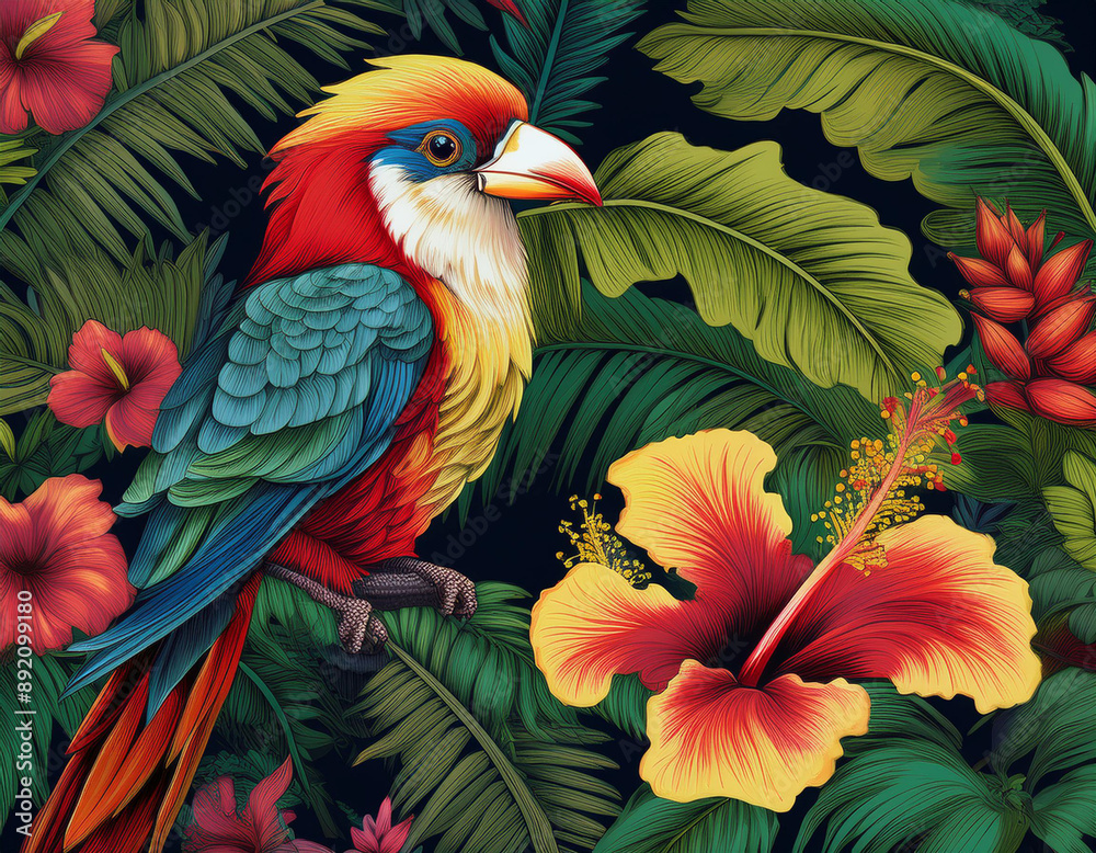 Fototapeta premium Tropical Garden Illustration with Banana Leaves, Hibiscus Flowers, and Colorful Birds