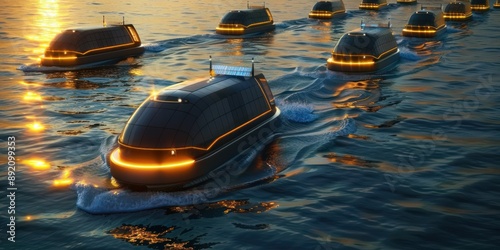 Futuristic Solar-Powered Autonomous Ships Revolutionizing Global Logistics - 3D Render of Sustainable Transportation Solutions, Generative Ai photo