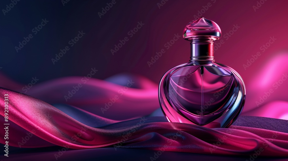 Luxury crystal perfume bottle on purple velvet fabric wave background