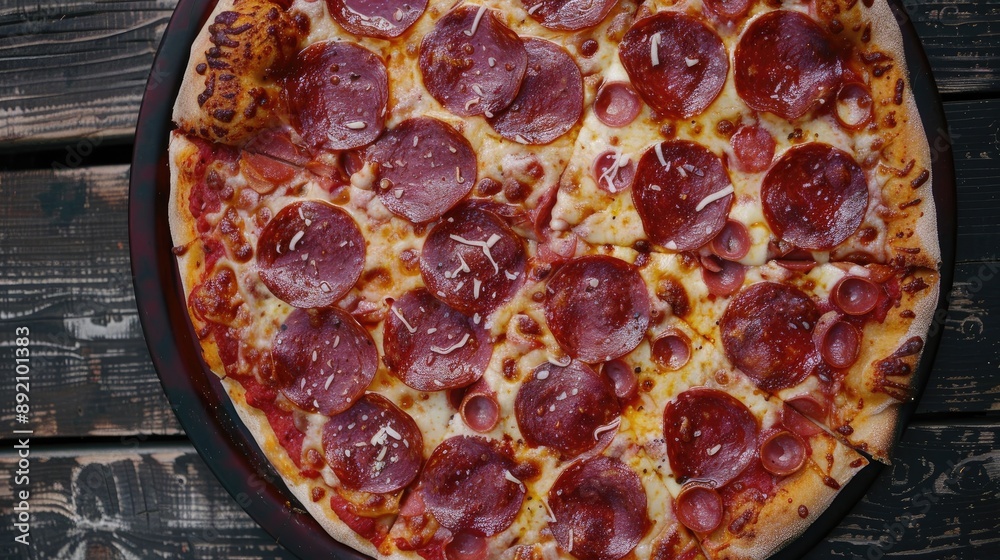 Rustic pizza with salami pepperoni and cheese on outdoor table top view