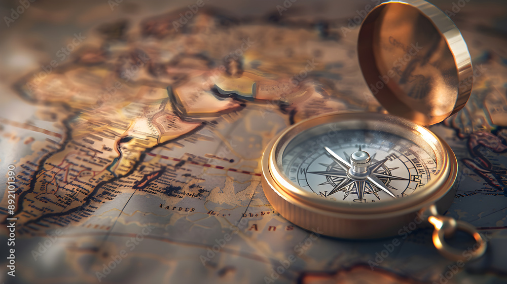 Antique Brass Compass on Detailed World Map Symbolizing Navigation, Exploration, and Journey Antique Brass Compass on Detailed World Map Symbolizing Navigation, Exploration, and Journey