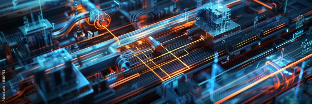 Fototapeta premium Industrial 4.0 Integration: Seamless Digital Interconnection of Mechanical Equipment and Smart Interfaces for Advanced Automation